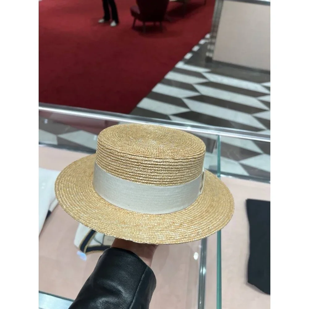 NEW Gucci Wide Brim Raffia Straw GG Ribbon White Hat XL 59 cm